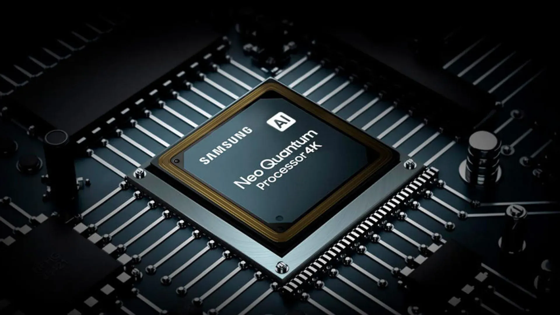 Imagem close no chip Samsung Neural Quantum Processor 4K em placa eletrônica, com destaque ao logotipo “AI”