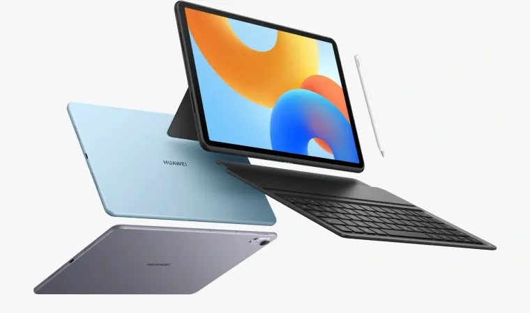 Foto do tablet Huawei MatePad 11.5 de frente e de costas, com acessórios como caneta Stylus e mini teclado