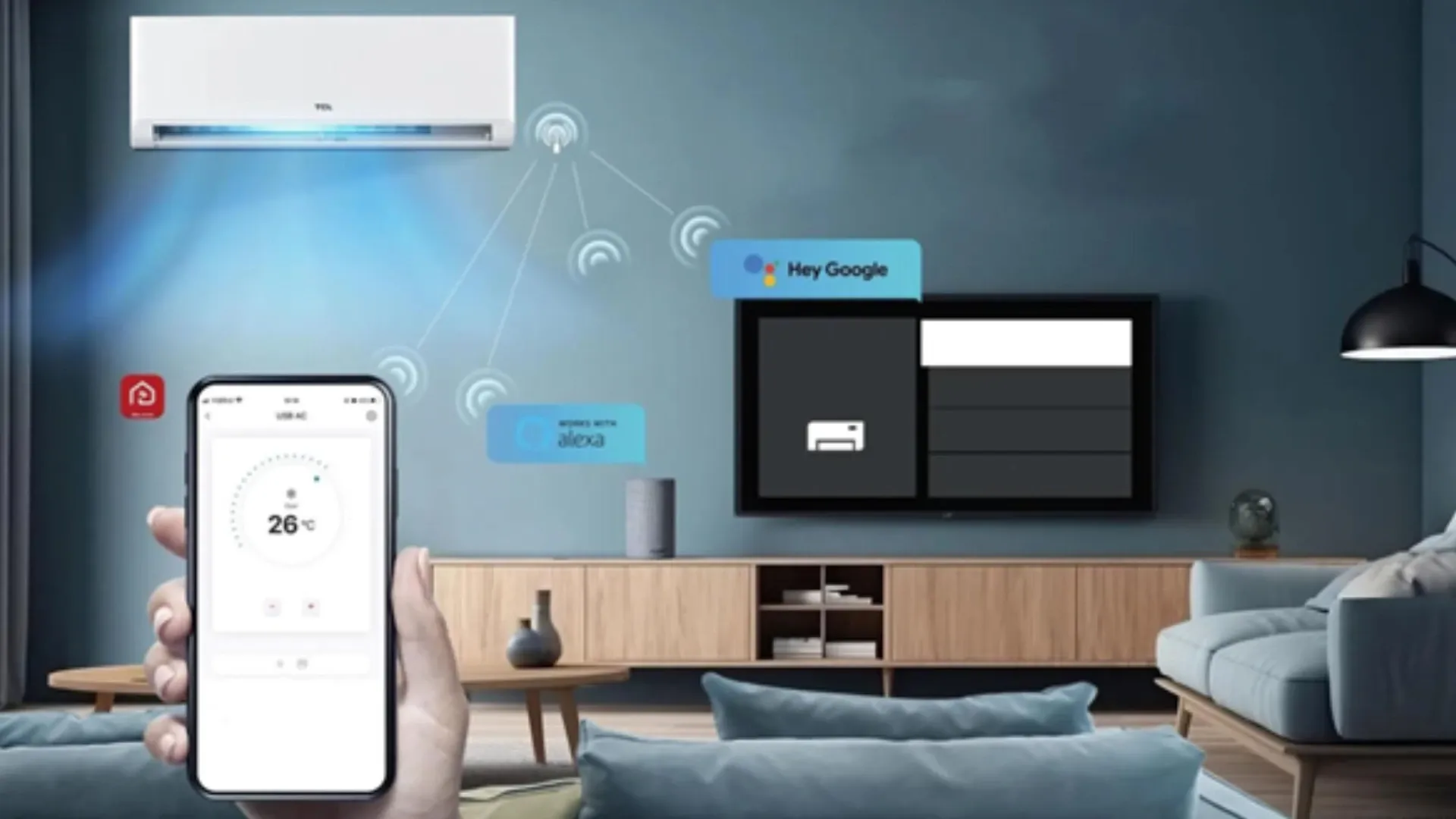 Imagem de um usuário controlando o ar-condicionado TCL T-Pro 2.0 pelo smartphone em sala conectada com Smart TV e assistente virtual.
