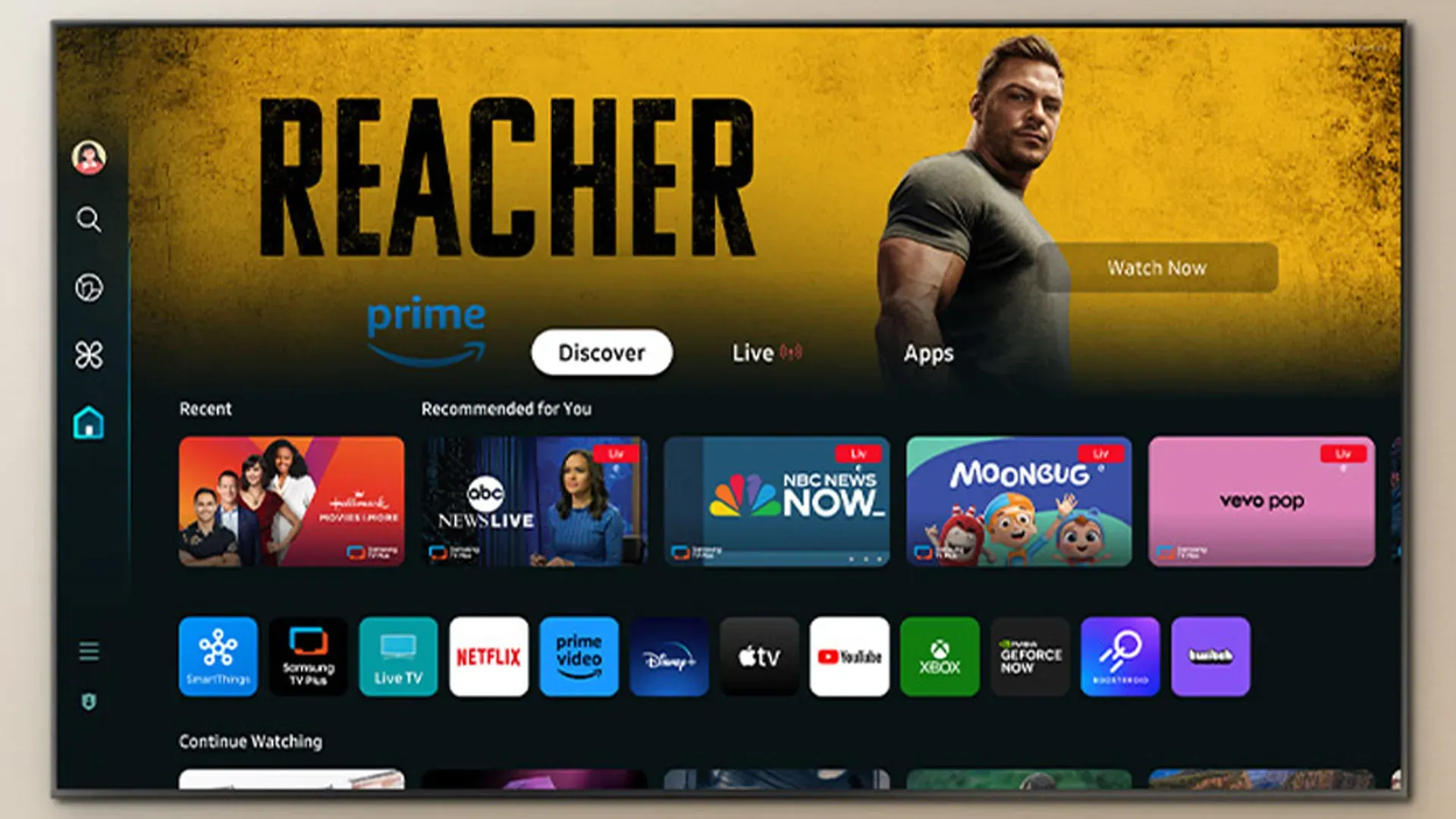 Tela inicial do sistema Tizen OS 2024 da TV Samsung Q65D 55” mostrando aplicativos de streaming populares