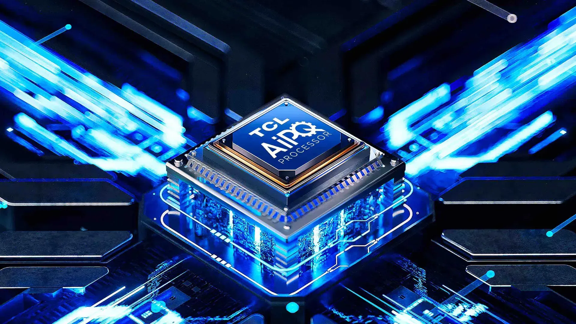 Ilustração do chip AiPQ da TV TCL C755 em fundo azul tecnológico, simbolizando o processamento de imagem por IA