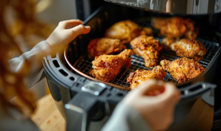 Mulher retirando o cesto da air fryer com coxas de frango assadas