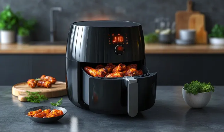 Air fryer em uso preparando coxinhas de frango sobre bancada de cozinha 