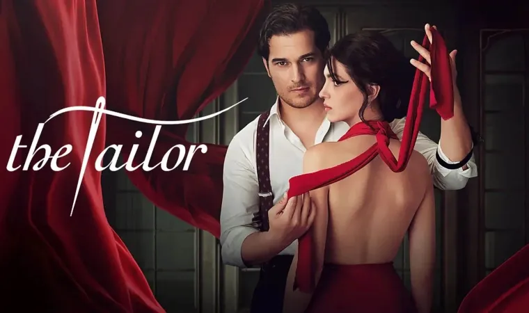 divulgação da novela turca O Famoso Alfaiate, com um homem segurando uma fita vermelha ao redor de uma mulher diante de cortinas vermelhas.