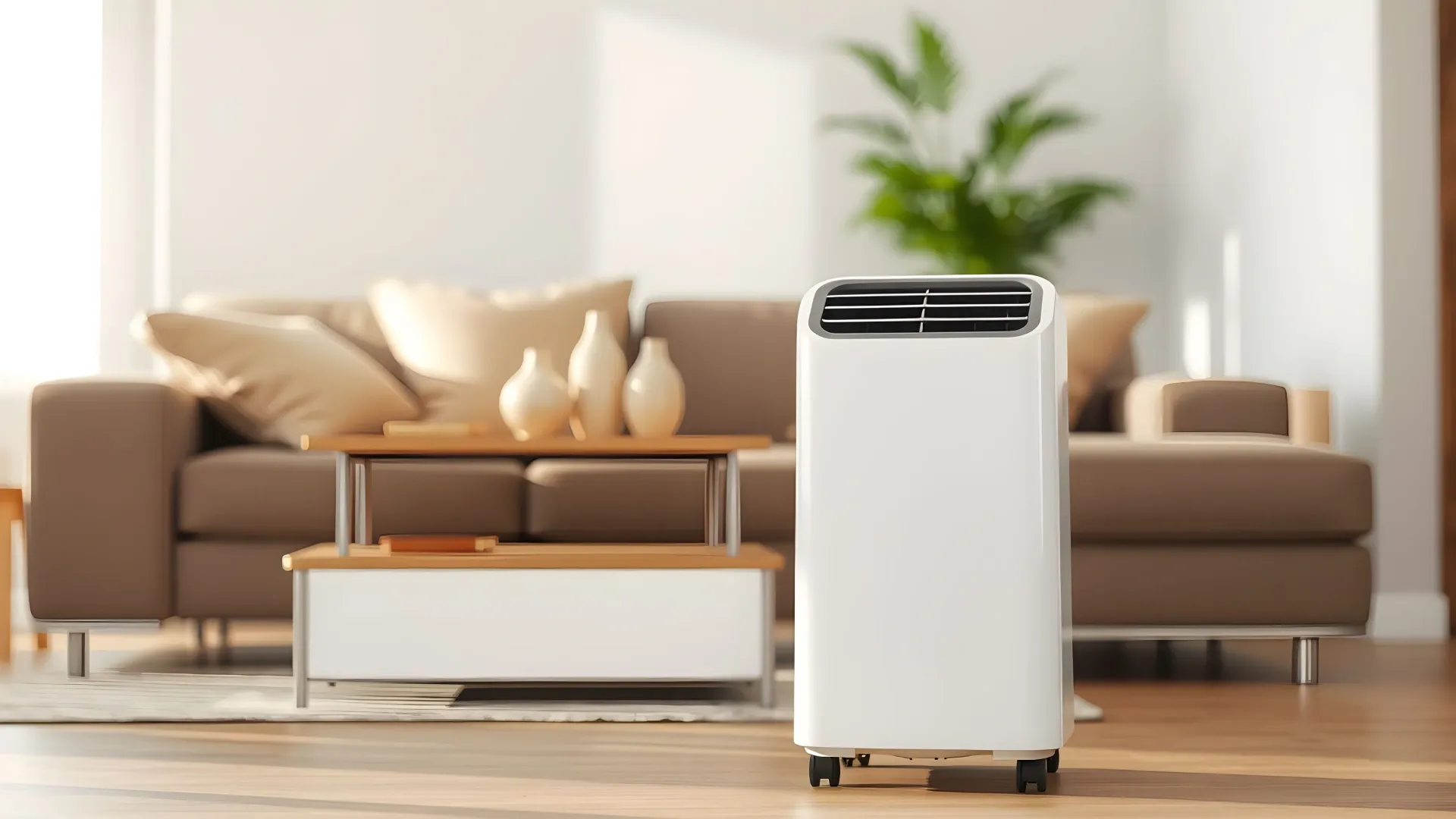 Ar-condicionado portátil em uma sala de estar com fundo embaçado