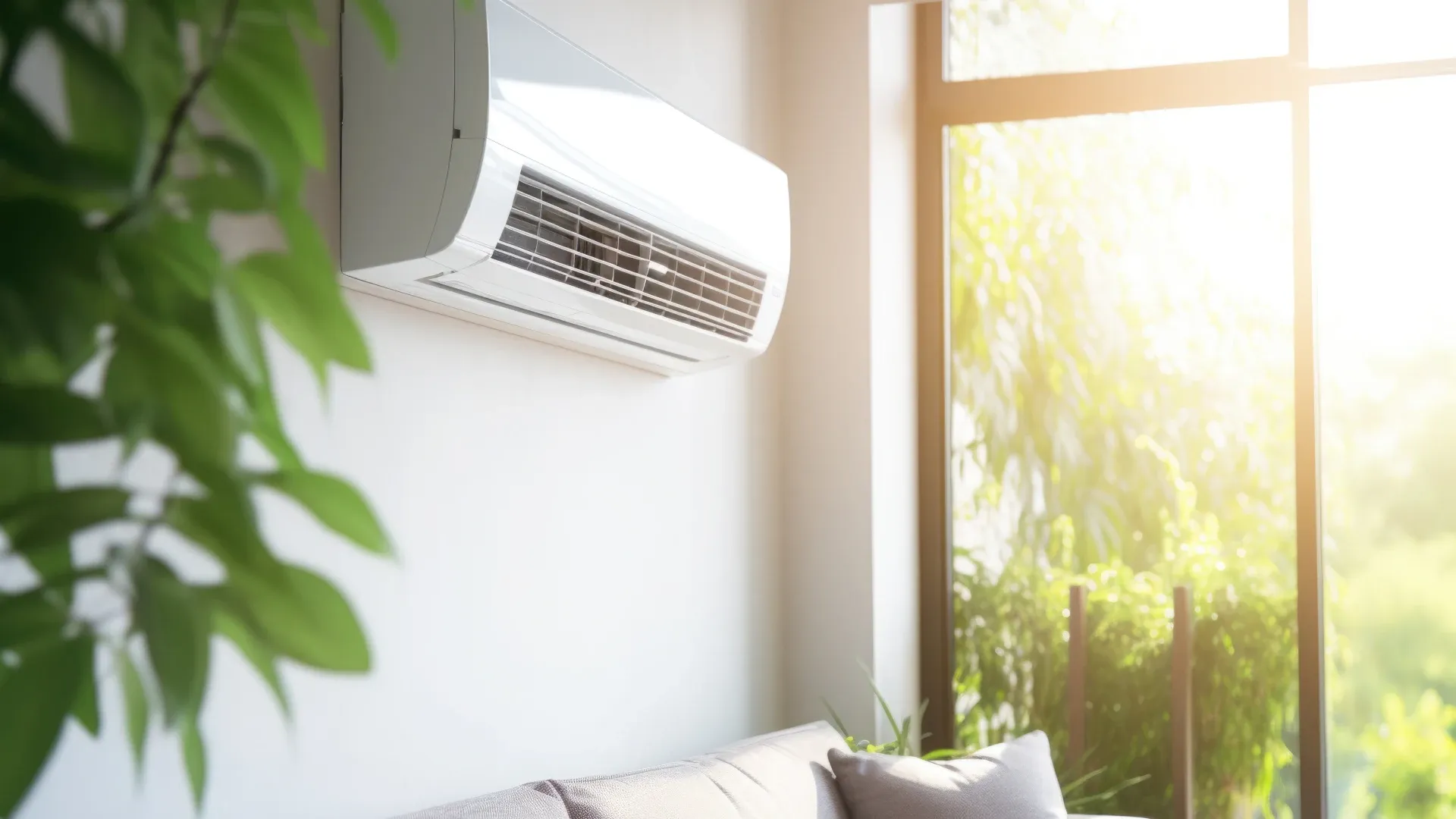 ar-condicionado silencioso em cima do sofa em sala com parede de vidro e arvores do lado de fora