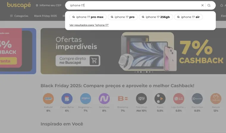 Print da tela do site Buscapé mostrando a home fazendo busca pelo iPhone 17.