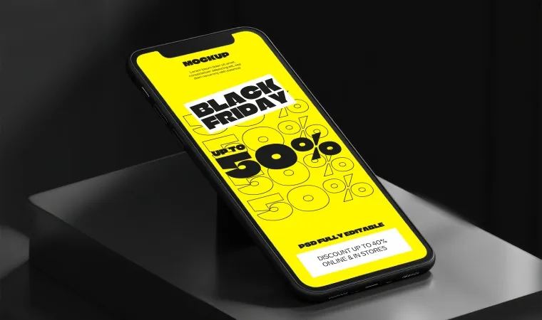 Celular com a tela amarela com destaque para descontos de 50% na Black Friday