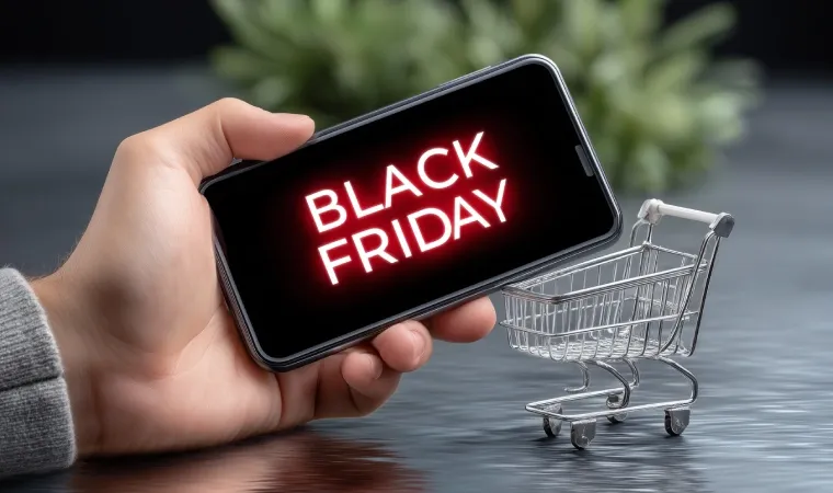 Braço de pessoa segurando um celular escrito Black Friday na tela com um carrinho de compras ao fundo