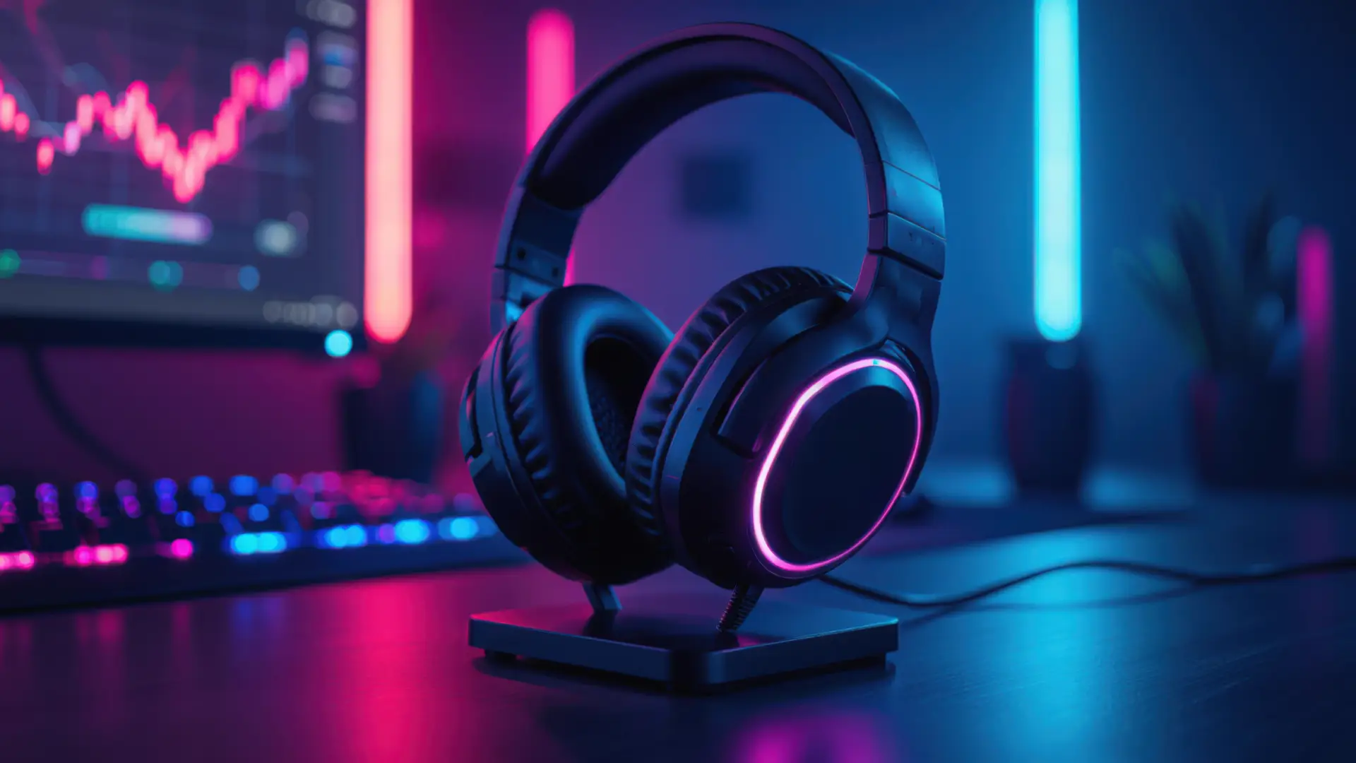 Headphone preto com luzes de neon azul em fundo preto e roxo