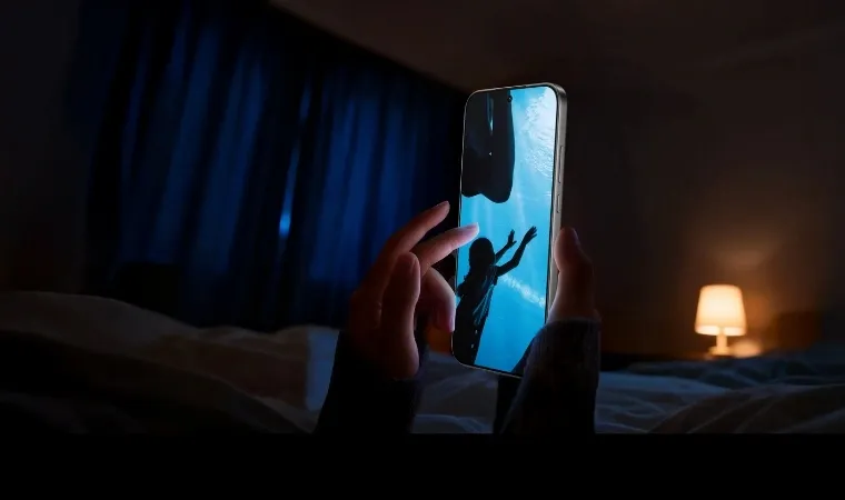 Uma pessoa está deitada enquanto segura um celular que está com a tela ligada