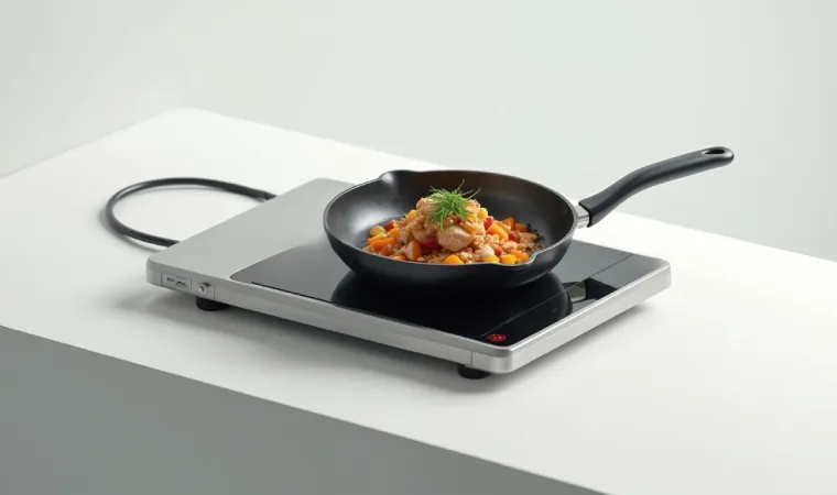 Fogão de indução portátil 1 boca com uma frigideira de ferro fundido em cima