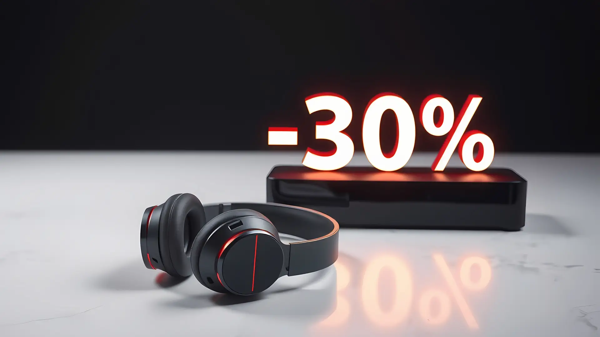 Fone de ouvido na Black Friday ao lado de uma caixa com ‘-30%’ escrito sobre uma mesa branca