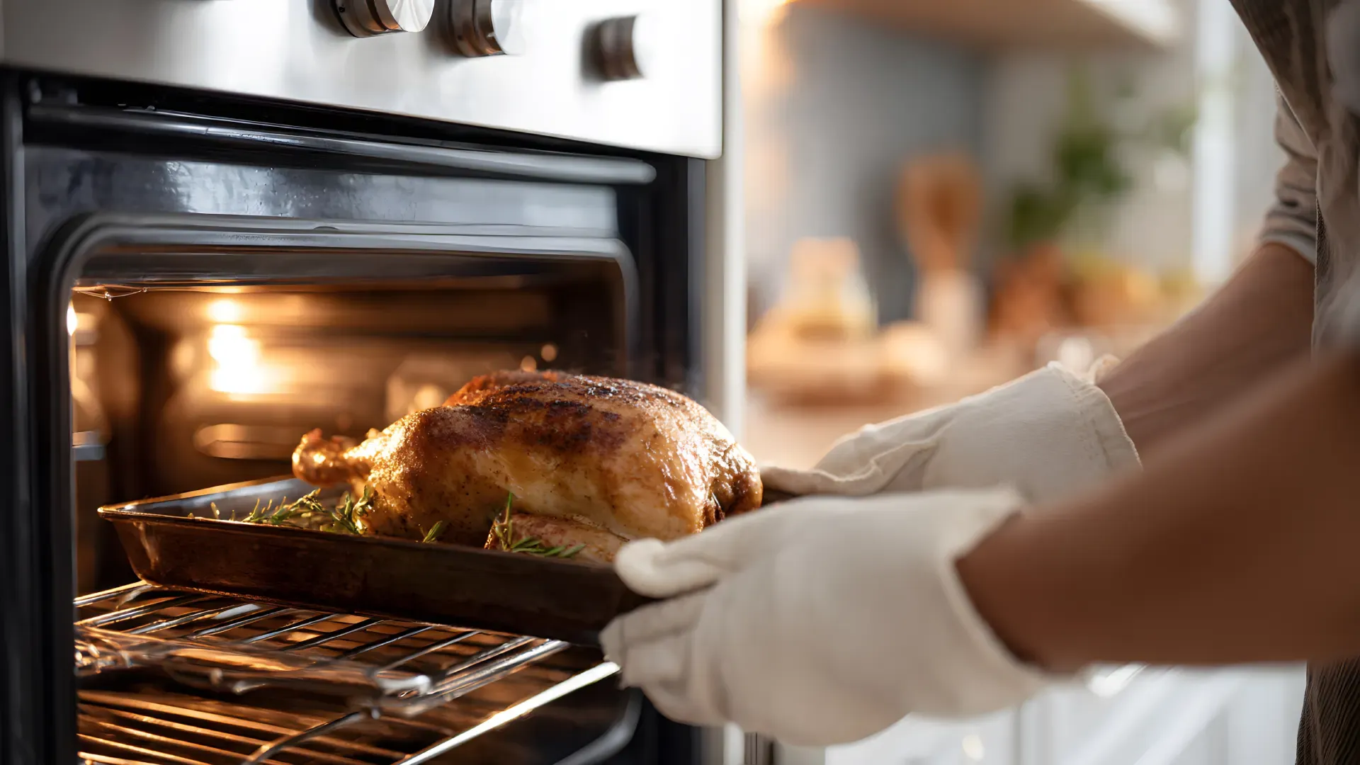 Um homem usando luvas de forno brancas retira um frango inteiro que está assando em um forno de embutir a gás