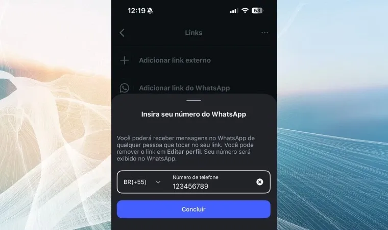 Imagem mostra a adição do número do WhatsApp no Instagram
