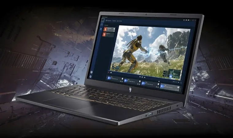 Imagem do notebook Acer Nitro V15 aberto com um aplicativo de edição de vídeo ajustando o gameplay de um jogo de ação