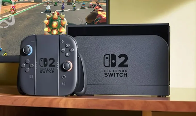 Imagem do Nintendo Switch 2 conectado a sua doca sobre uma mesa com o jogo Mario Kart World em uma televisão ao fundo 