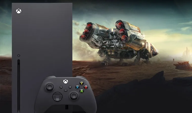 Imagem do Xbox Series X de frente à esquerda com uma arte de uma nave do jogo Starfield à direita