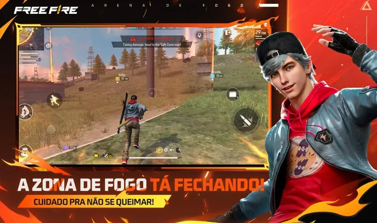 Imagem do jogo Free Fire mostrando a gameplay, com um personagem cruzando um campo aberto próximo a Zona de Fogo e à direita o personagem Maxim 