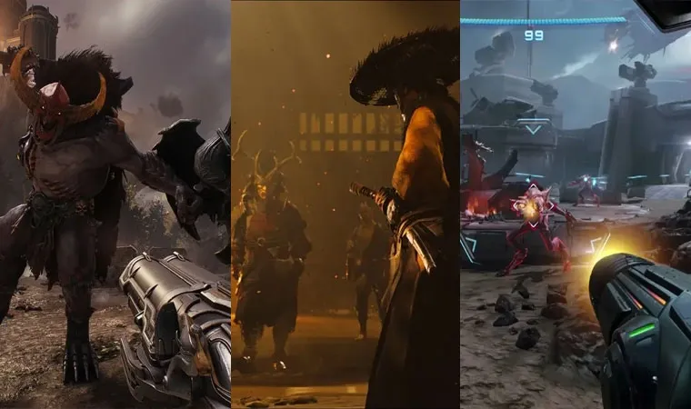 Imagem dividida em Doom: The Dark Ages à esquerda com o herói Doom Slayer, Ghost of Yotei no centro com a samurai Atsu, e Metroid Prime 4: Beyond à direita com a caçadora de recompensas Samus