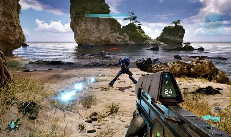 Imagem do jogo Halo: Campaign Evolved em primeira pessoa no qual o personagem Master Chief segura um rifle