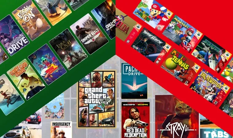 Imagem dividida com jogos do Xbox Game Pass, como Call of Duty: Black Ops 7,; games da PS Plus como GTA 5; e jogos clássicos do Nintendo Switch Online como The Legend of Zelda.
