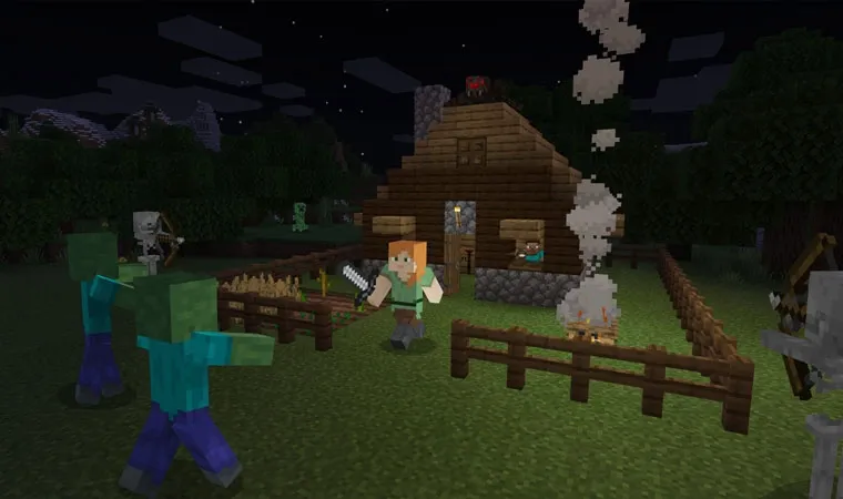 Imagem do jogo Minecraft mostrando a personagem Alex pronta para enfrentar zumbis e esqueletos à noite com uma casa ao fundo onde o personagem Steve observa 