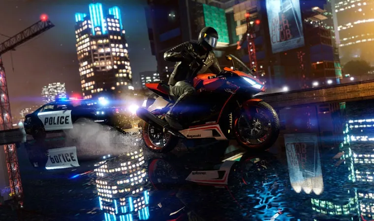 Imagem do jogo GTA 5 mostrando um motoqueiro escapando de uma perseguição policial, como um jato de água causado pelo pneu