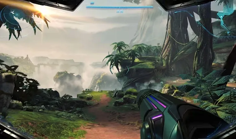 Jogo Metroid Prime 4: Beyond em primeira pessoa mostrando a protagonista Samus Aran enquanto encara a natureza em um planeta alienígena 
