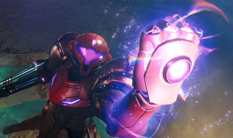 Imagem do jogo Metroid Prime 4: Beyond mostrando a caçadora de recompensas Samus Aran em sua armadura laranja