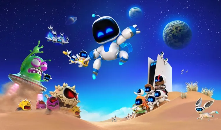 Arte do jogo Astro Bot do PlayStation 5 mostrando o robô Astro em destaque no centro e outros personagens ao redor