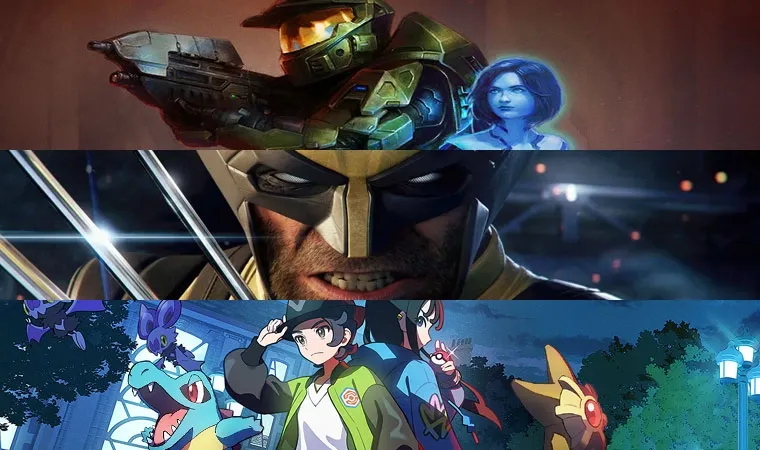 Imagem dividida em três com personagens Master Chief e Cortana de Halo: Campaign Evolved, o herói Wolverine da Marvel para PS5 e game Pokémon Legends Z-A do Nintendo Switch 2 e 1