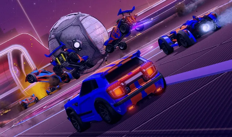 Imagem do jogo Rocket League mostrando alguns carros batendo em uma gigante bola com um gol ao fundo 
