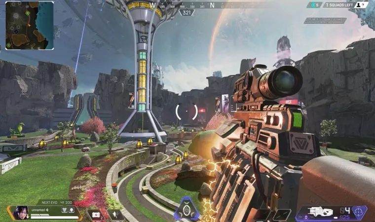 Imagem do jogo Apex Legends em primeira pessoa mostrando um jogador mirando para frente com o vasto mapa do game no horizonte 