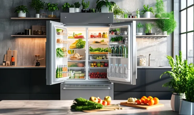 Geladeira multidoor aberta com prateleiras e gavetas cheias de alimentos frescos e organizados