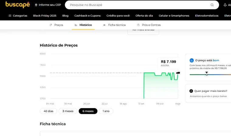 Print da tela do site Buscapé mostrando o histórico de preços do iPhone 17.