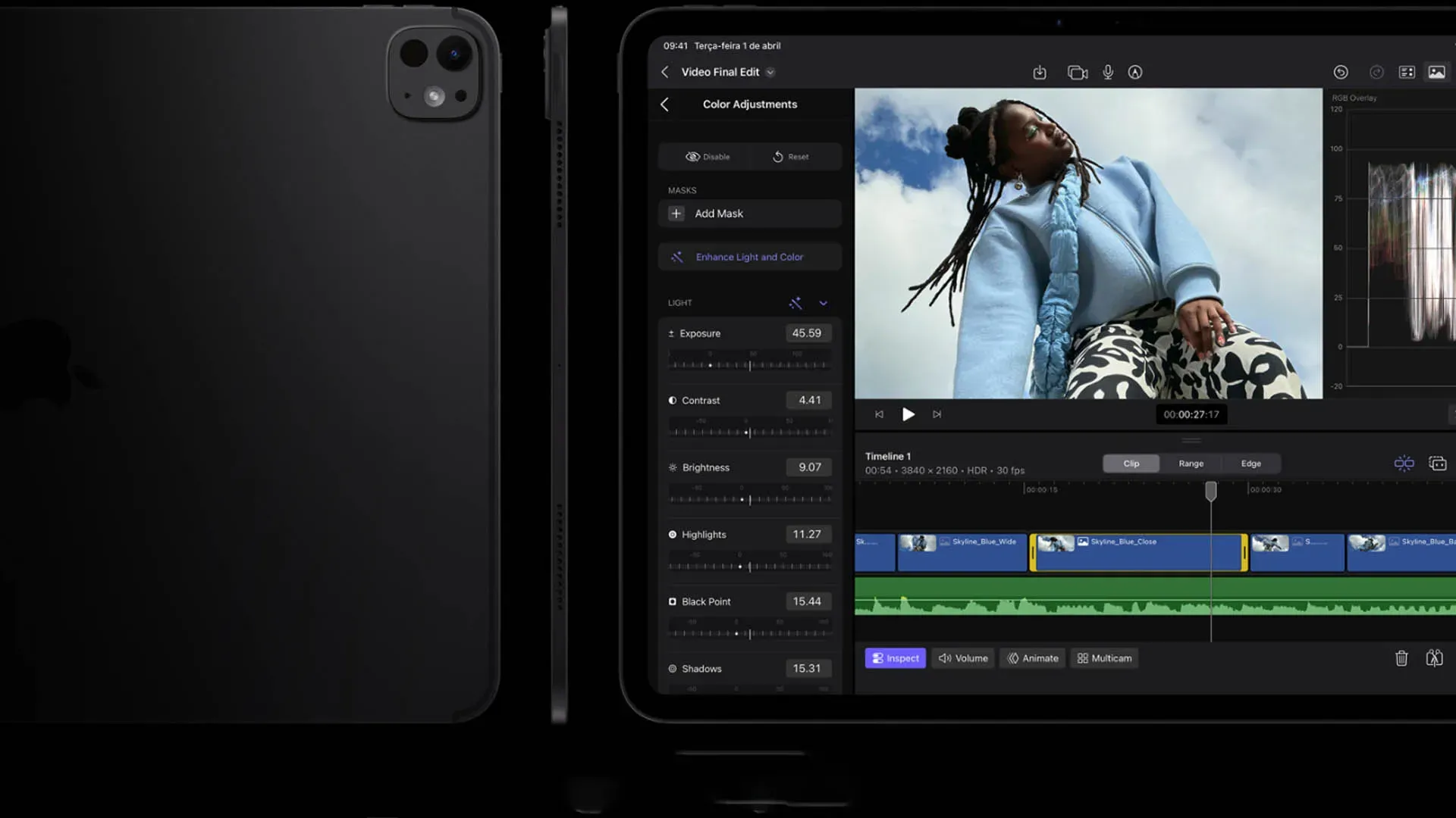 Imagem do iPad Pro M5 exibindo interface de edição de vídeo com câmera traseira visível.