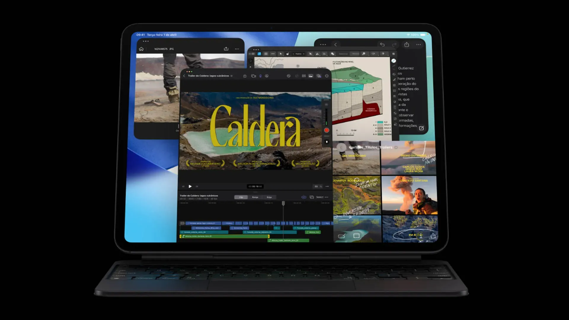 Imagem do iPad Pro M5 com múltiplos aplicativos abertos na tela