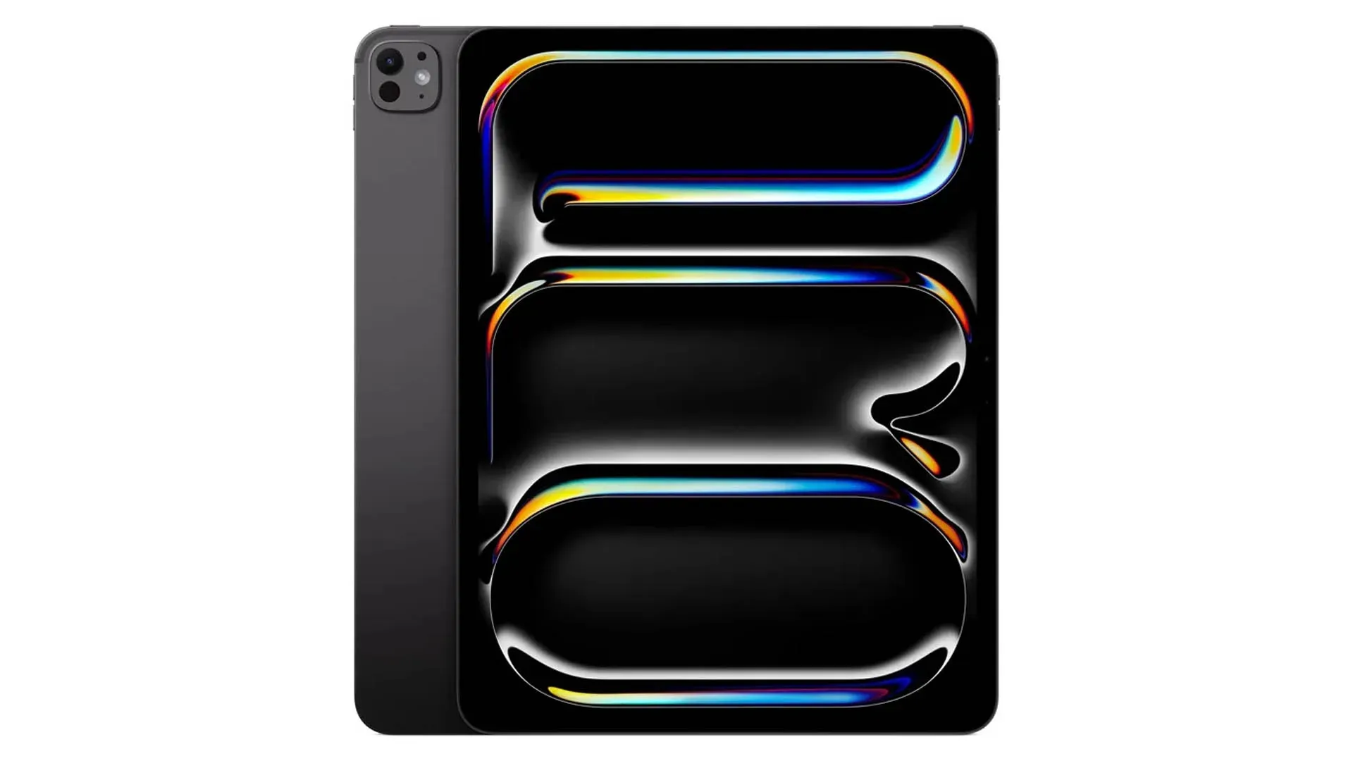 Imagem do iPad Pro M5 visto de frente e de costas, destacando o design fino e acabamento metálico.