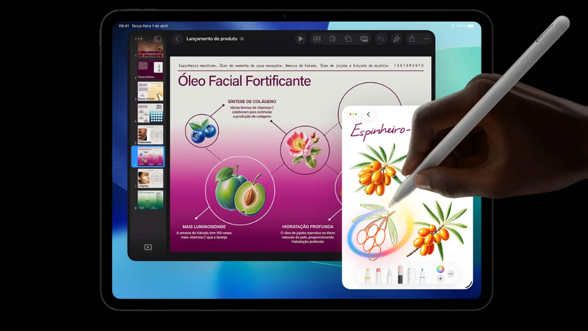 Imagem do iPad Pro M5 sendo usado com o Apple Pencil Pro para desenhar em tela dividida com múltiplos aplicativos.