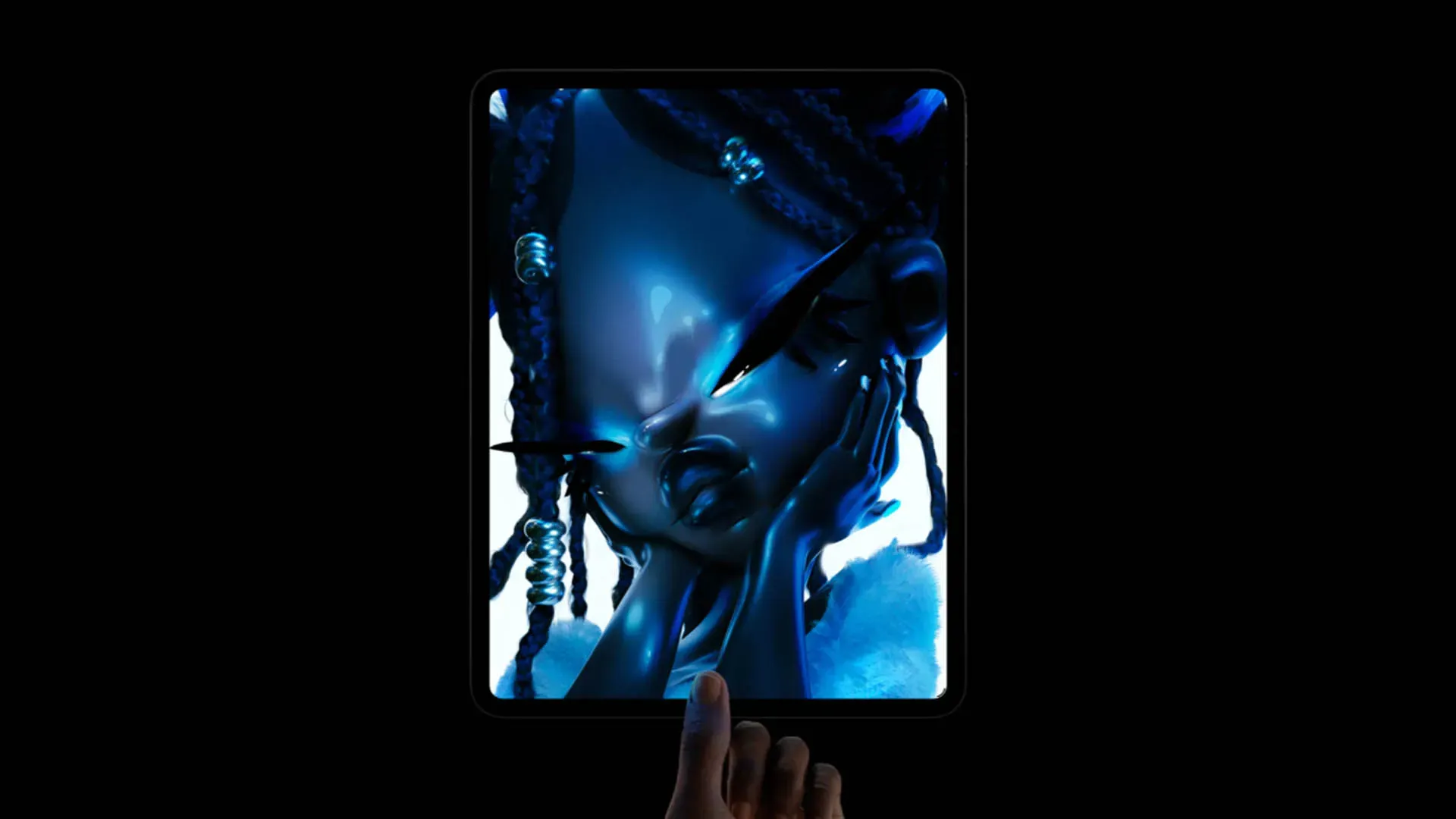 Imagem do iPad Pro M5 sendo tocado na tela que exibe arte digital em tons de azul.