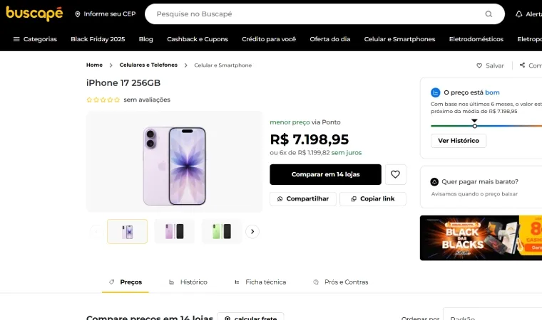 Print da tela do site Buscapé mostrando o produto iPhone 17 256GB.
