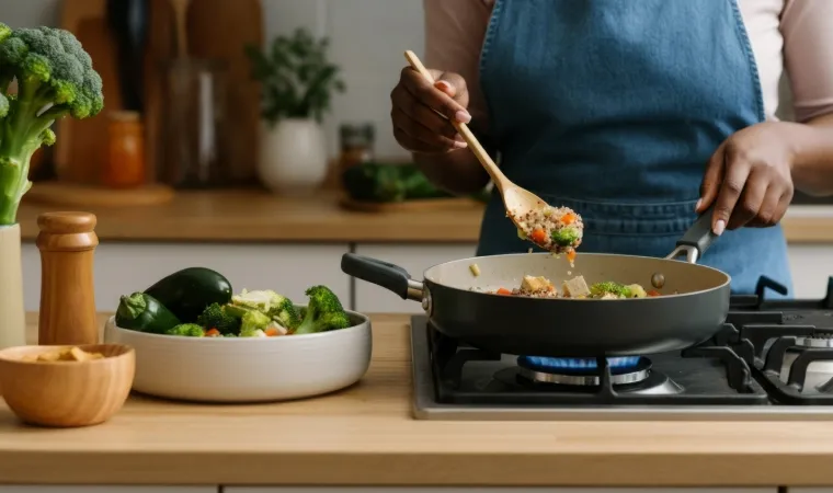 Mulher cozinhando legumes em uma frigideira no fogão.