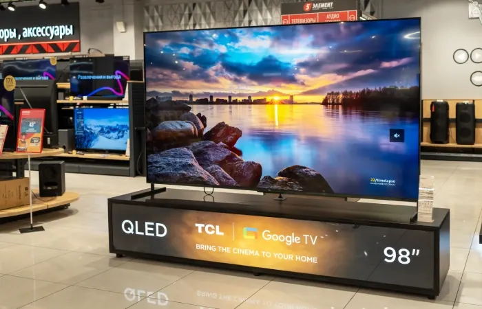 Imagem de uma TV TCL de 98 polegadas exposta em uma loja