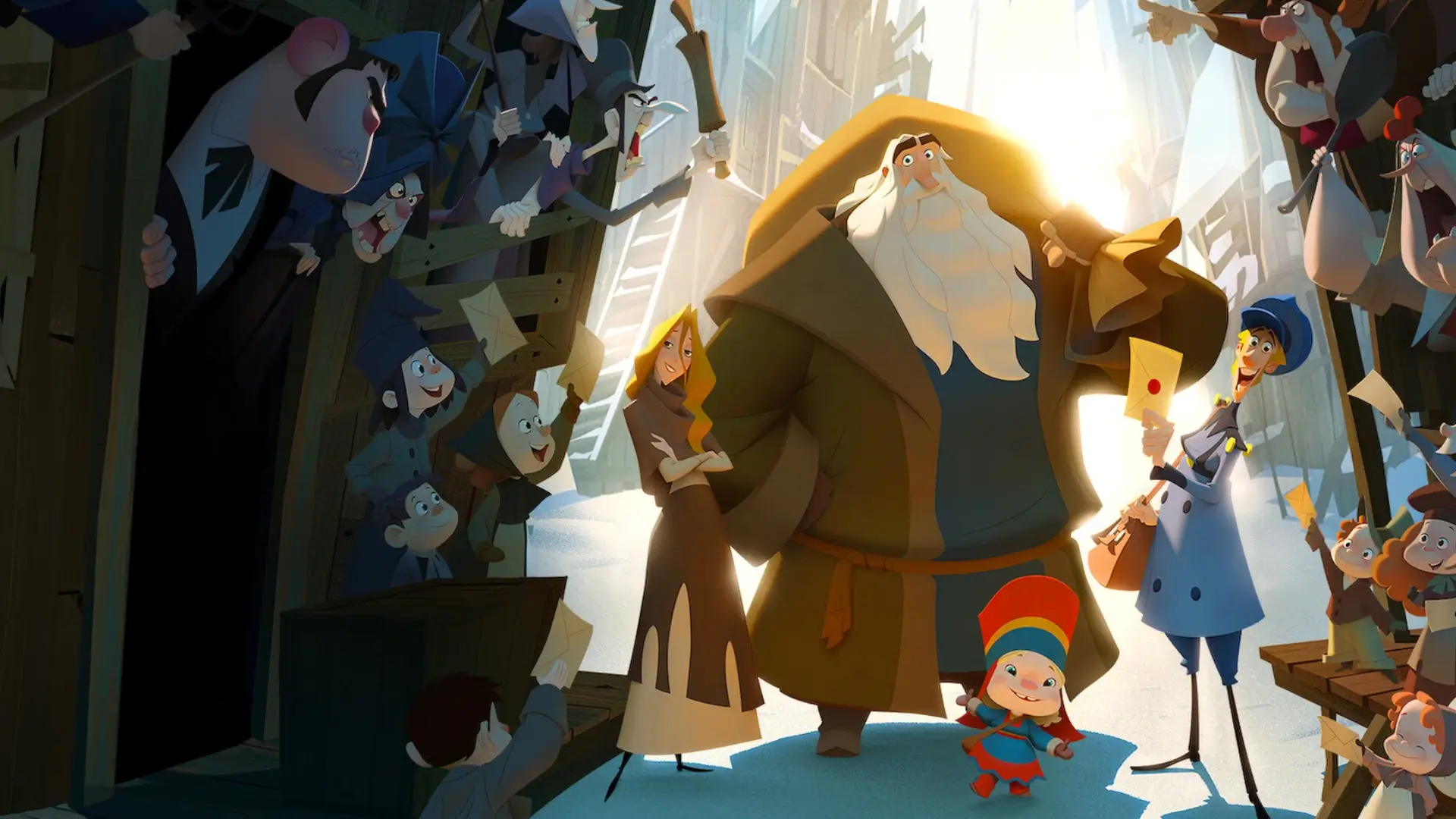 Personagens principais andando pelo vilarejo