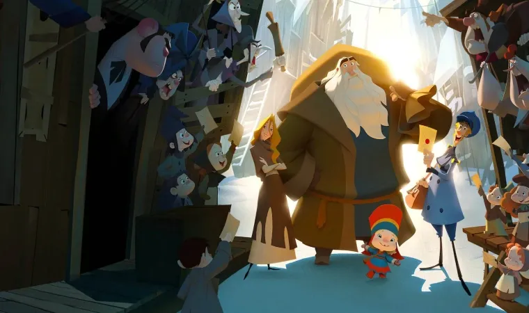 Imagem do filme Klaus mostrando Jesper, Klaus e as crianças em uma rua iluminada