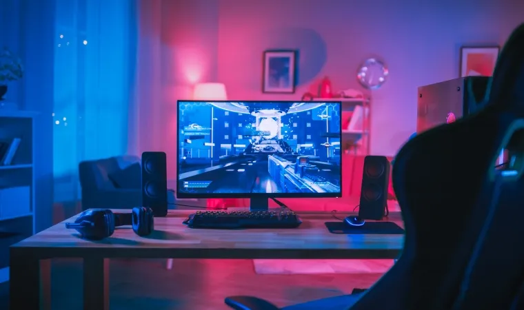 Imagem de um quarto gamer, com foco no monitor que está ligado com um jogo sendo exibido em sua tela 