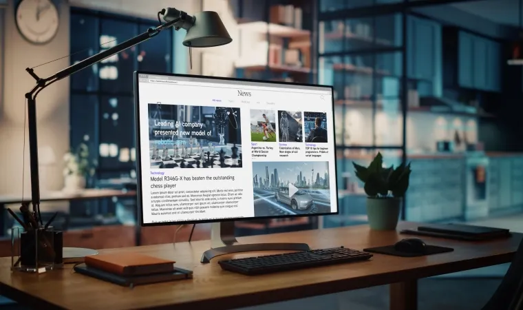 Foto de um monitor na mesa exibindo uma página da web com as últimas notícias, em cima de uma mesa de madeira em uma sala.  