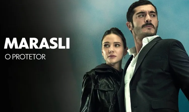 divulgação da novela turca Marasli: O Protetor, com Marasli e Mahur lado a lado, olhando em direções diferentes.