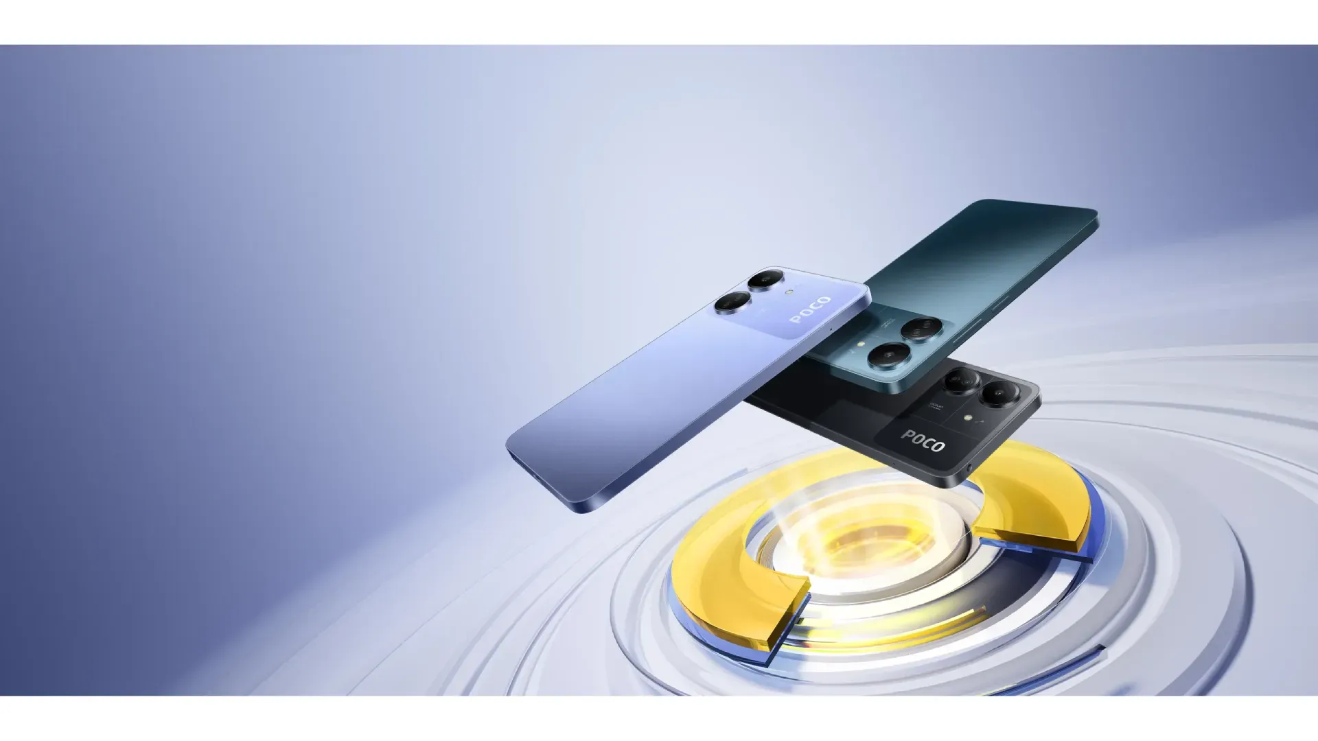 Imagem promocional que mostra três versões do Poco C65 (em cores diferentes) flutuando